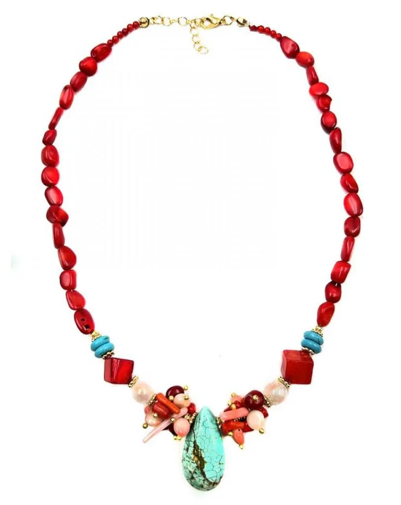 COLLARES ROJO CORAL CON EXQUISITA DECORACION Y LAGRIMA TURQUESA