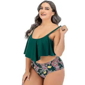 Women's Printing Ruffle High Waist Plus Size Split Swimsuit Bikini Beachwear